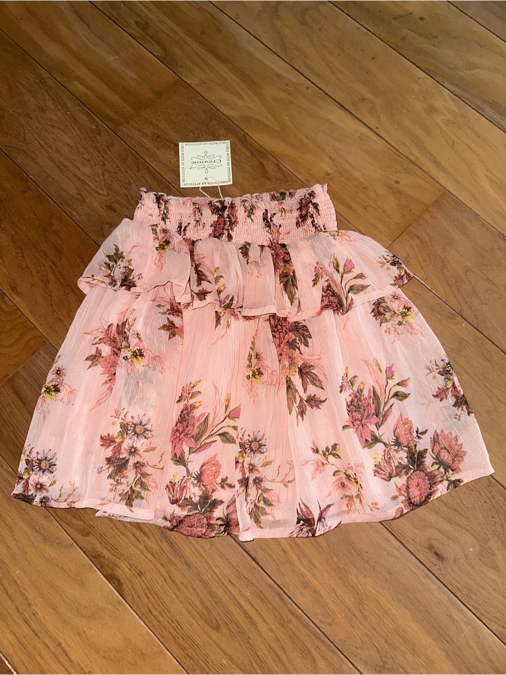 Creamie Girls Pink Floral Ruffle Skirt